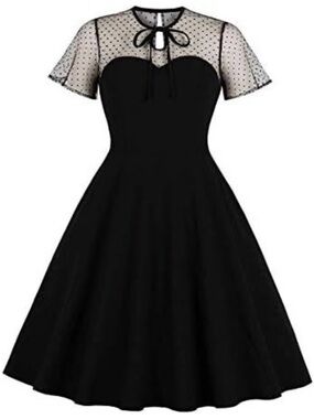 Classic Black Fit-and-Flare Dress with Sheer Polka Dot Yoke